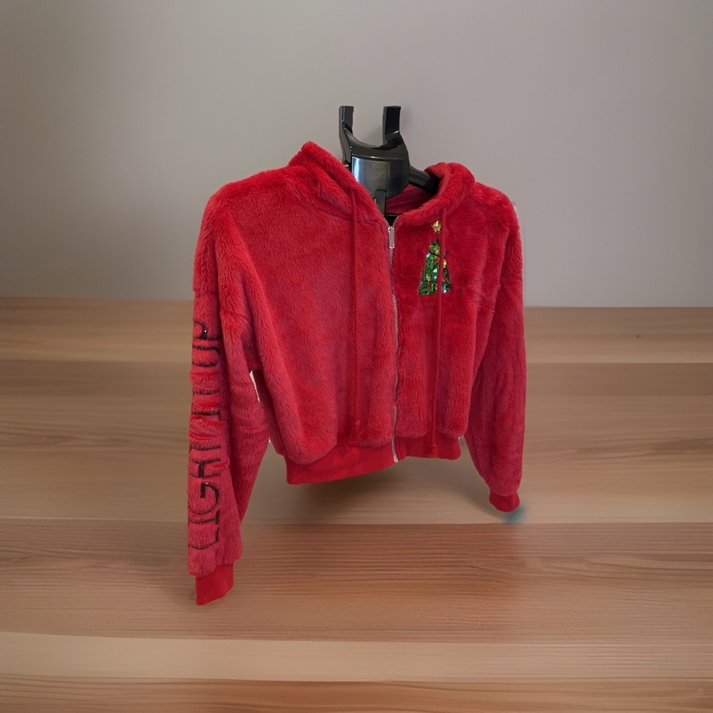 Christmas Hoodie Super Soft Faux Fur Red Sequin Christmas Graphics XS Ladies